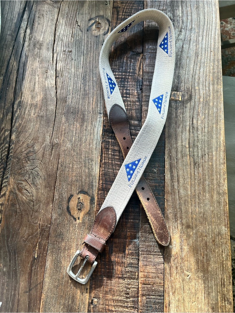 Canvas and Leather Men’s Belt with Blue Flag Accent folds of Honor